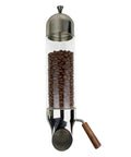 Wall Mounted Stainless Steel Coffee Bean Dispenser With Hella Durable Glass Tube For Top Shelf Kitchen Pantry Storage And Snappy Portion Control, showing brown coffee beans inside.