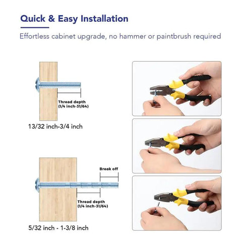 Quick installation guide for Snag These Fly Dual Tone Brushed Nickel And Gold Cabinet Pulls with breakaway screw detail.