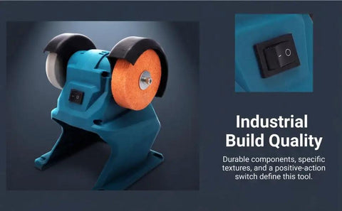 Beefed Up Mini Bench Grinder With Dual Grinding Wheels in blue with industrial build quality and power switch.