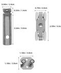 Heavy Duty Stainless Steel Sliding Door Track With Silent Nylon Four Wheel Pulley System For Easy Bolt On Setup And Rolls Like Butter Closet Hardware Kit components with measurements.