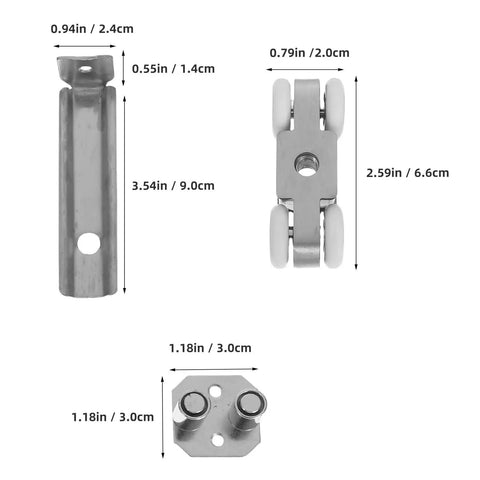 Heavy Duty Stainless Steel Sliding Door Track With Silent Nylon Four Wheel Pulley System For Easy Bolt On Setup And Rolls Like Butter Closet Hardware Kit components with measurements.