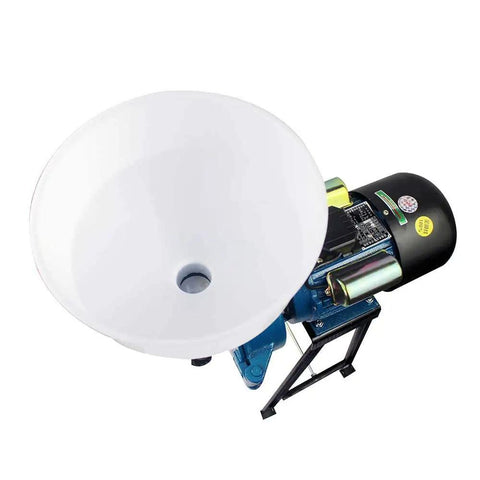 Top view of Beast 2200W Electric Grain Mill Grinder For Heavy Duty Commercial Use with white funnel and steel construction.