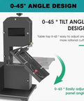 Powerhouse 800W Pure Copper Benchtop Bandsaw For Wood And Acrylic 70mm Cut Height showing 0-45 degree tilt angle design