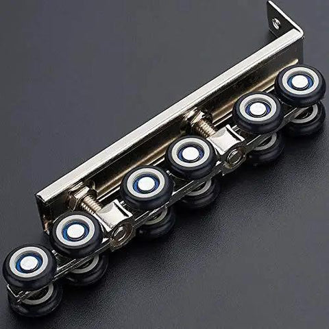 Rock Solid Zinc Alloy Window And Sliding Door Rollers Butter Smooth Ride 12 Wheel Double Nylon Pulleys Heavy Duty on a silver frame.
