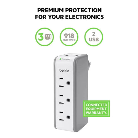 Wall Mount Surge Protector With Three AC Outlets And Two USB Ports Flat Rotating Plug Power Strip For Home Office Travel Wall Outlet Extender 918 Joules Of Surge Protection Ideal Desktop Charging Station with warranty information.