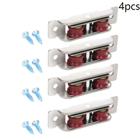 Heavy Duty Double Wheel Pulley For Sliding Doors And Windows Smooth Rolling Nylon Roller With Stainless Steel Shell Silver Finish 4 Pack of pulleys with red wheels and screws.