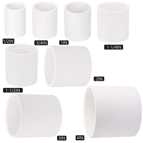 Various sizes of white PVC pipe couplings, including 3/4 inch, ideal for DIY shelving and garden structures.