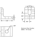 Rock Solid Aluminum Inside Corner Bracket For T Slot Extrusion dimensions drawing with measurements in inches, clear anodized finish.