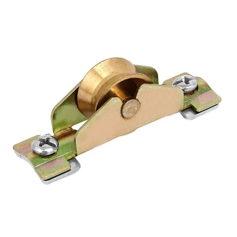 Heavy Duty Brass Slider Roller Pulley Wheel For Window Sash Track Replacement, 20mm size, solid brass assembly, top view.