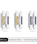 Invisible Hidden Hydraulic Door Closer With Quiet Soft Close Action Built Tough Automatic Self Closing Cross Hinge Hardware For Heavy Duty Cabinets In Clean White, featuring 2 hydraulic hinges and 1 load-bearing hinge.