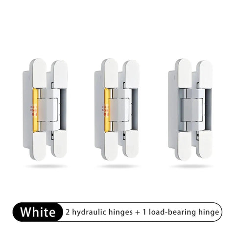 Invisible Hidden Hydraulic Door Closer With Quiet Soft Close Action Built Tough Automatic Self Closing Cross Hinge Hardware For Heavy Duty Cabinets In Clean White, featuring 2 hydraulic hinges and 1 load-bearing hinge.
