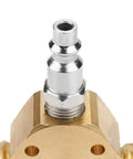 Close-up of Three Way Brass Pneumatic Manifold With Quick Connect Brass Couplers For Seamless Air Lines In The Shop Or Garage Heavy Duty