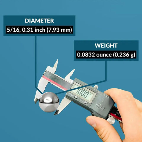 Top Shelf Carbon Steel Precision Balls 5/16 Inch G500 Grade weighed at 0.0832 oz shown on caliper for measurement.