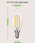60W Equivalent Dimmable LED Filament Bulbs E12 Candelabra For Ceiling Fans And Chandeliers, dimensions and Type B base shown