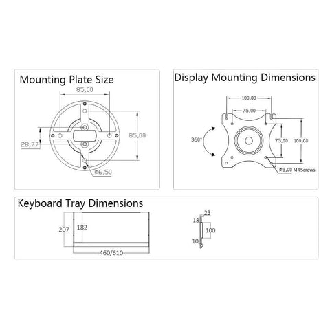 Dimensions diagram for Flex Your Home Office Game With This Rock Solid White Single Arm TV Mount for displays and keyboard tray.