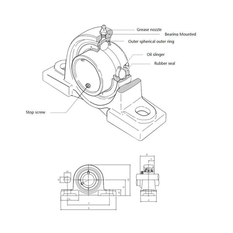 Heavy Duty Stainless Steel Pillow Block Bearing With An Insert Ball Core, greasing features and dimensions displayed.