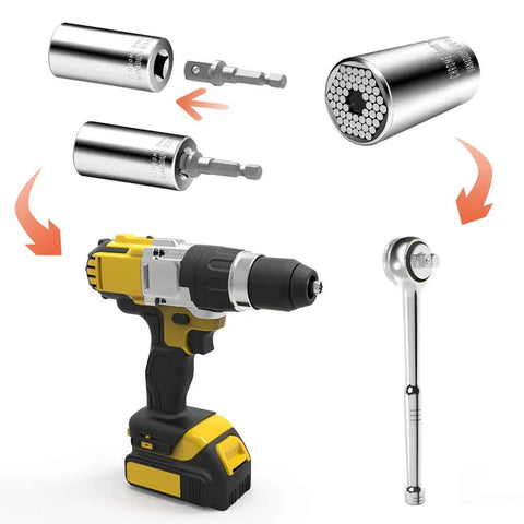 Self Adjusting Universal Socket Set Fits Three Eighths To One And One Sixteenth Inch And Nine Millimeter To Twenty Seven Millimeter with drill adapter and wrench