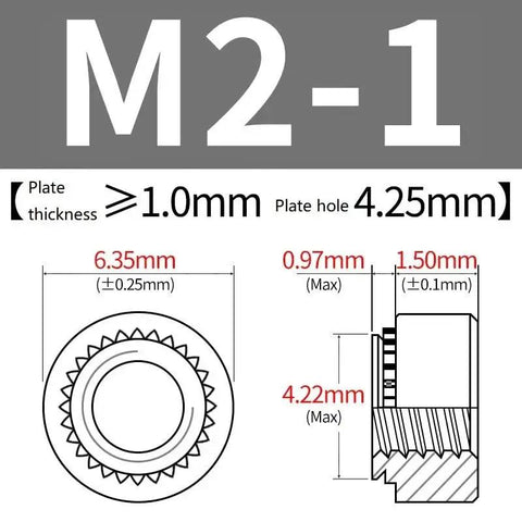 Dimensions and specifications for M2-1 nut inserts, showing detailed measurements and tolerances for 20 Pack M2-1mm Self Clinching CLS Nut Inserts Round Head Jam Nuts 304 Stainless Steel Self Locking Rivet Nutserts Rock Solid Tight Fit For Heavy Duty Assembly Projects.