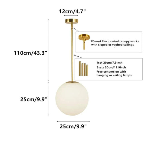 Globe Pendant Light With Matte White Milk Glass And Brass Finish, adjustable size and swivel canopy dimensions in diagram