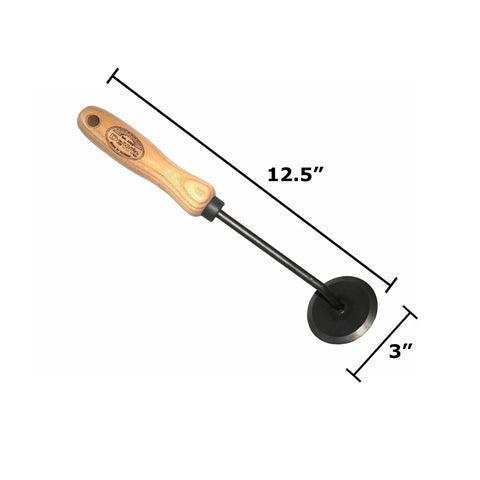 Disc weeder with wooden handle, 12.5 inches long and 3 inches wide, part of the Three Piece Weeding Kit With Disc Weeder, Cape Cod Weeder, And Weedpopper For Quick Garden Weeding, Easy Dandelion Removal, And Landscaping Tasks, The Perfect Gift For Garden Lovers And Weekend Warriors.