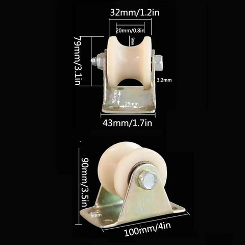 Top Shelf Two Piece Heavy Duty Nylon V Groove Track Wheels For Sliding Doors With Double Bearing Pulleys, 32mm and 100mm sizes.