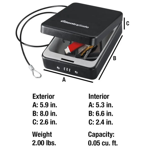 Portable Black Safe Lock Box With Resettable 3 Digit Combination holding USB drive, keys; tethered cable, open lid view.