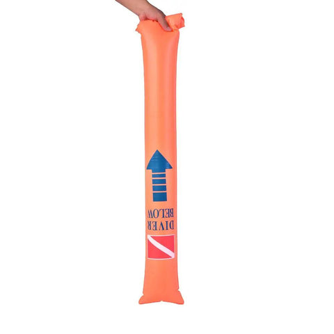 Holding 6ft Surface Marker Buoy with High Visibility closed bottom signal tube for scuba spearfishing and freediving safety.