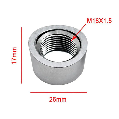 Stainless Steel M18 X 1.5 Sensor Welded Notch Nut Fastener showcasing threading, dimensions 17mm height, 26mm width for rugged automotive use.