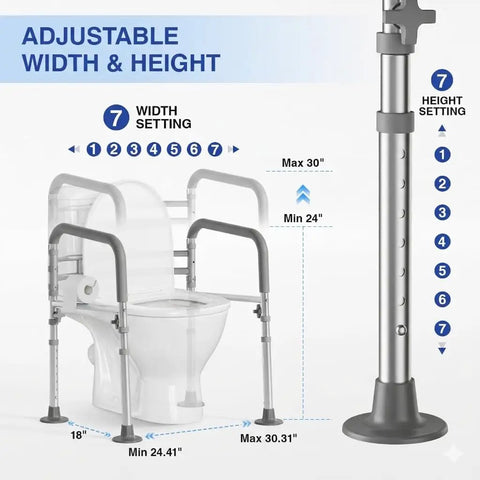 Solid Heavy Duty Toilet Safety Rails For Seniors Adjustable Height And Width 350 Pounds Rust Resistant Aluminum Bathroom Support Frame with adjustable settings
