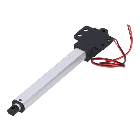 12V Micro Linear Actuator with 100mm Stroke, 8mm per Second Travel displayed, showcasing durable build and wiring for automation use.