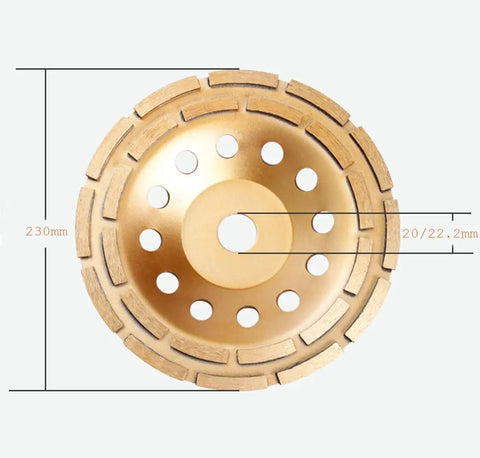 9 Inch Diamond Cup Grinding Wheel With Double Row Segmented Disc for concrete grinding, top view with dimensions shown