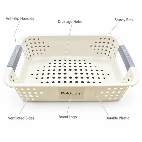 Heavy Duty Plastic Storage Bins With Open Top Design For Zero Stress Home Organization, durable plastic with drainage holes.