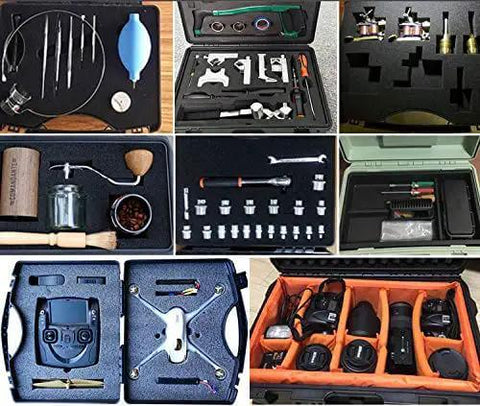Hardcore 12 Inch Hard Shell Case With Pluck Foam Custom Insert For Pistol Gopro Camera And Tools showing organized tools and equipment.