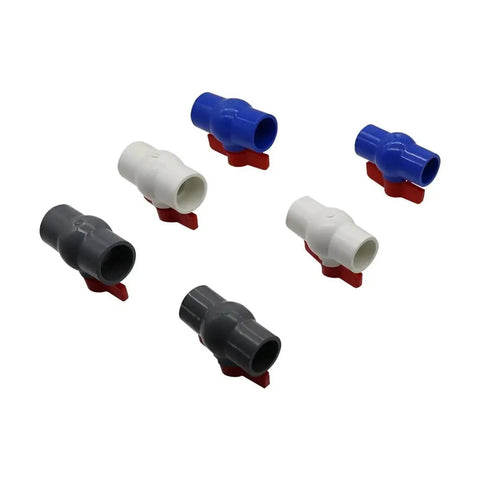 Top Shelf White UPVC Ball Valve With Forty Millimeter Inner Diameter For Quick Plumbing Pipe Switch Swap And Tight Glued Joint Fits That Give You Hella Smooth Flow And Stay Dead Tight Against Leaks For Your Everyday Home Fix Up Tasks, showing various colored valves.