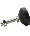 Rock Solid Heavy Duty Nylon Adjustable Leveling Feet With Swivel Base And Universal Thread Sizes For Furniture Or Equipment Support Built Like A Tank, detailed view showing steel bolt and rubber foot.