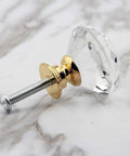 Diamond Cut Crystal Cabinet Knobs, 6 Pack 30mm Drawer Pulls, Gold Plated Base, featuring clear geometric glass and metal screw.