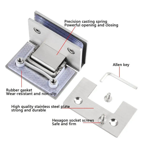 Heavy Duty Frameless Glass Door Hinges Rock Solid 90 Degree Shower Panel Hinge Brushed 304 Stainless Steel components including screws and gaskets.