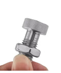 Top Shelf Stainless Steel Spring Plunger Featuring A Knurled Grip Knob And Self Locking Design For Effortless Retraction Includes An M16 Mounting Screw And Nut For Heavy Duty Applications That Will Stand The Test Of Time, close-up of the knurled grip knob and threaded screw.