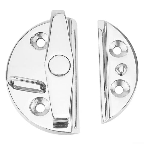 Built Tough Pro Grade 316 Stainless Steel Round Twisting Lock Boat Door Catch Latch For Marine Hatches Bait Well Lids Console Drawers And Tackle Boxes With Silver Finish Hardware, showing polished latch and mounting plates.