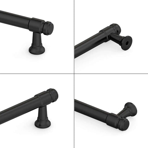 Score These Knockout Matte Black Cabinet Pulls And Drawer Handles For Updating Your Kitchen Or Bath Setup With Dependable Five Inch Center Spacing For Easy Install, showing different angles of matte black zinc alloy handles.