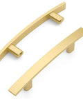 Super Dope Brushed Gold Cabinet Pulls For Kitchen And Bathroom Drawers 3 Inch Hole Centers Smooth Handle Set 10 Pack showing curved design.