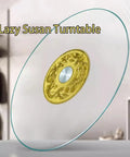 Hella Smooth 360 Swivel Tempered Glass Lazy Susan Turntable Nailed It Rotating Dining Serving Tray with gold design on glass surface.