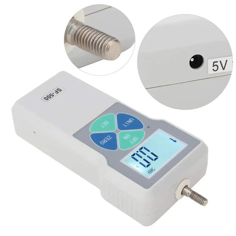 No Fuss Digital Force Gauge And Portable Push Pull Tester Workhorse Featuring 500 Newton Capacity, displaying LCD screen and measurement buttons.