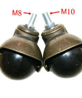 Rock Solid 2 Inch Antique Gold Ball Casters With Threaded Rod Mount showing M8 and M10 threaded rod sizes for furniture rollers.