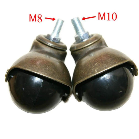 Rock Solid 2 Inch Antique Gold Ball Casters With Threaded Rod Mount showing M8 and M10 threaded rod sizes for furniture rollers.
