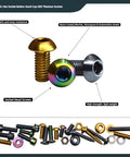 Premium Gr5 Titanium Hex Socket Buttonhead Cap Screws M8 X 1 25 By 45 mm Thread Length Six Piece Set With Nano Coated Finish laid out with different colors and shapes.