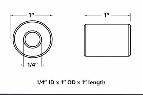 Kill The Vibration Heavy Duty Rubber Spacer Bushings for Machinery Panels, 1" tall, 1" OD, 1/4" ID, technical drawing.