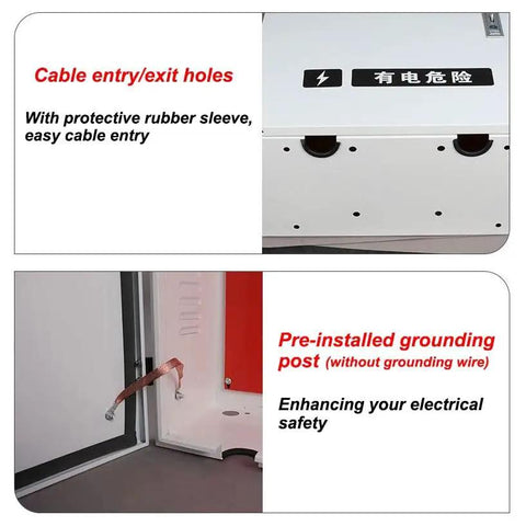 Universal EV Charger Station Cover With Drip Proof Weather Guard And No Fuss Cable Cleanup Plus Heavy Duty Combo Lock For Secure Underground Parking Lot Storage showing cable entry holes and grounding post.