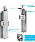Slick Dual Rail Linear Guide Module With Enclosed Aluminum Sliding Table And Manual XYZ Axis Stage, features metal handwheel and dust cover.