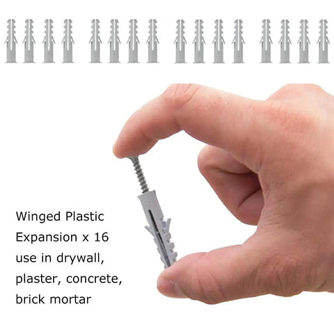 Hand holding a plastic expansion anchor with text indicating use for drywall, plaster, concrete, and brick mortar, shown with multiple anchors.